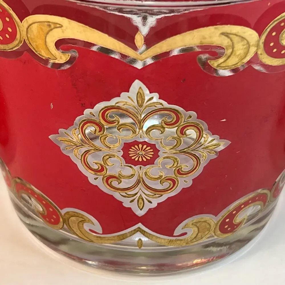 Starlyte Culver Red & 24K Gold Baroque Medallion Cocktail Ice Bucket & 2 Gasses